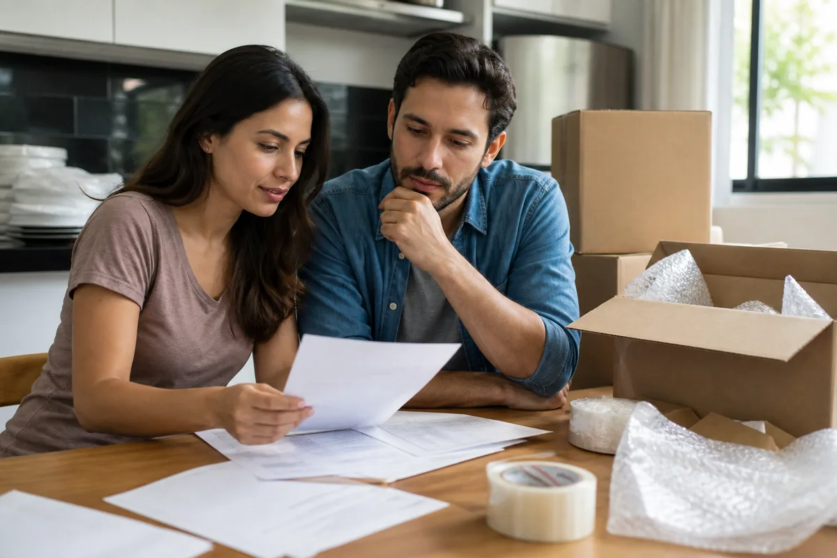 Casal revisando checklist de orçamento de mudança com materiais de embalagem sobre a mesa