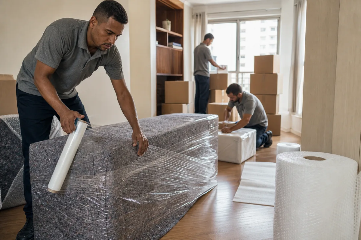 Equipe de empresa de mudança embalando móveis e caixas em apartamento brasileiro