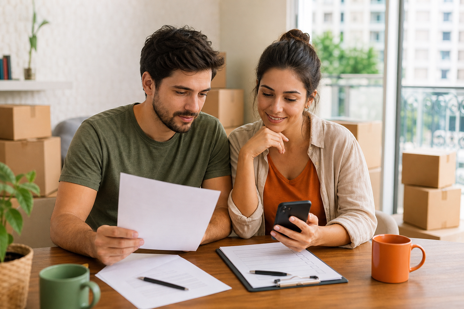 Casal comparando propostas de mudança residencial em casa com checklist e caixas