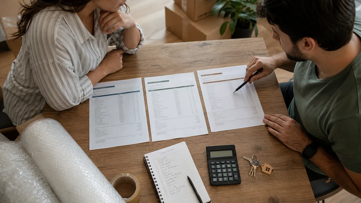 Casal comparando três orçamentos de mudança sobre a mesa com checklist e materiais de embalagem