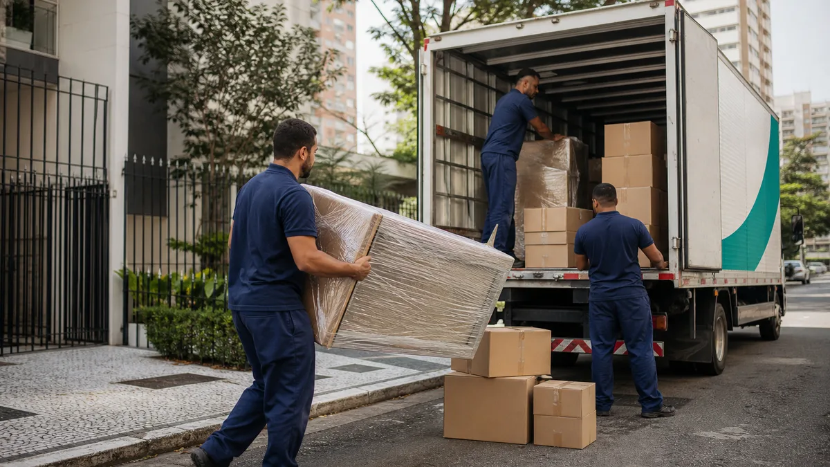 Equipe profissional carregando móveis embalados e caixas em caminhão de mudança em rua residencial no Brasil